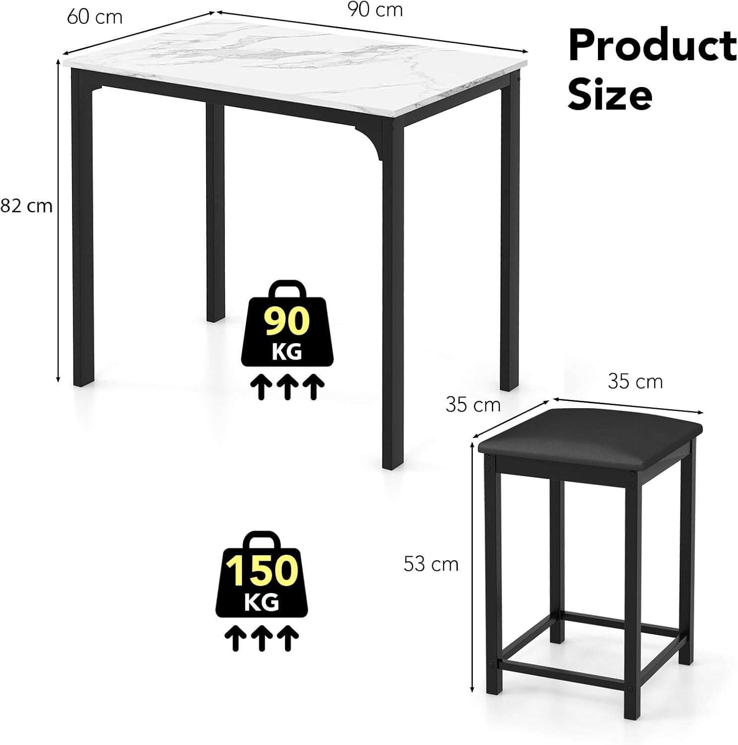 3 Piece Breakfast Bar Table Set with Stools Small Space Dining Table White