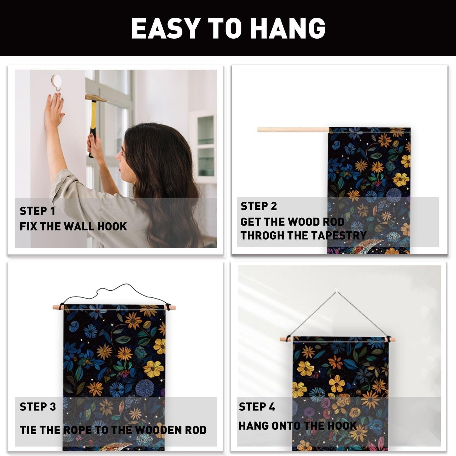 2-Pack Boho Sun & Moon Stained Glass Tapestry 52"x13" Vertical Decor