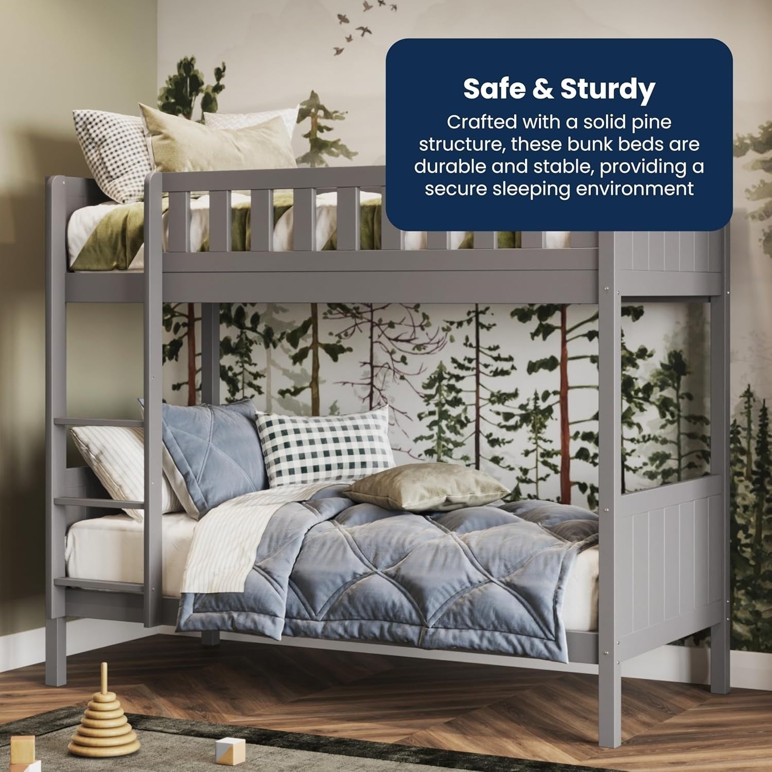Shorty Bunk Bed Grey Solid Wood Kids Sleeper Loft Frame Space Saving