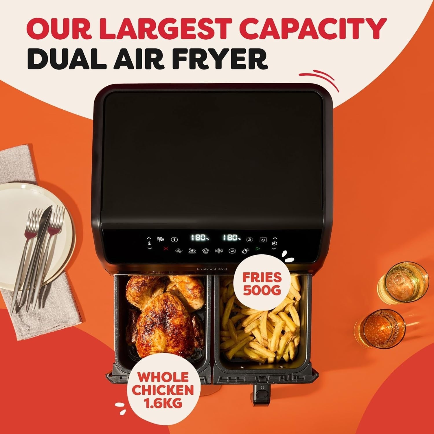 8L Dual Basket Air Fryer 8-in-1 Digital Twin Zone Grill Bake Roast Reheat