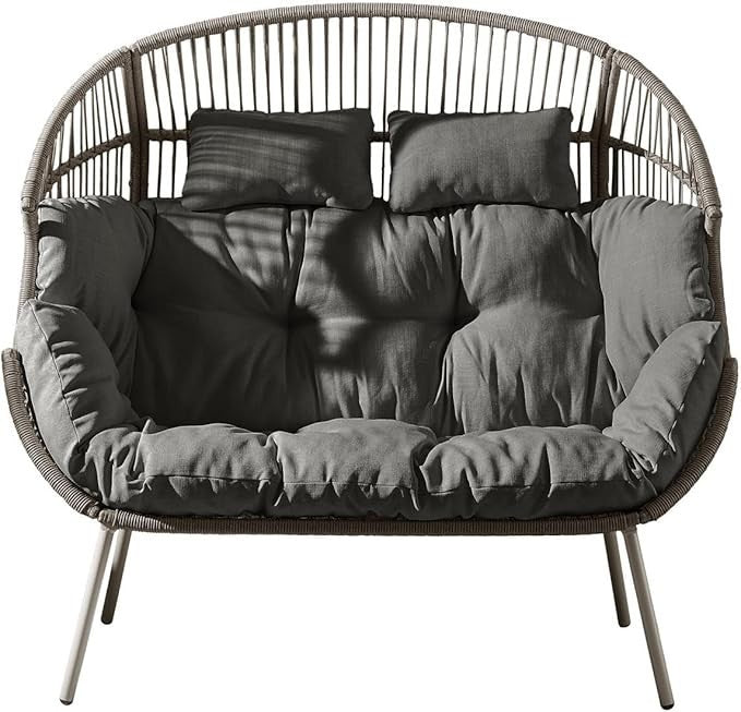 Grey Rattan Double Egg Chair 2 Seater Indoor Outdoor Patio Snug Seat w/ Cushions