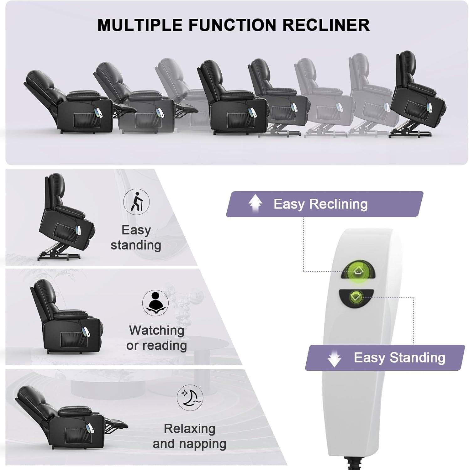 Electric Lift Recliner Chair Massage Heat USB Type-C Oversized Black Armchair