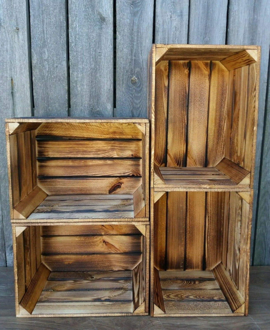 Burnt Finish Wooden Storage Crates 29x24x39cm – Handmade Set of 4