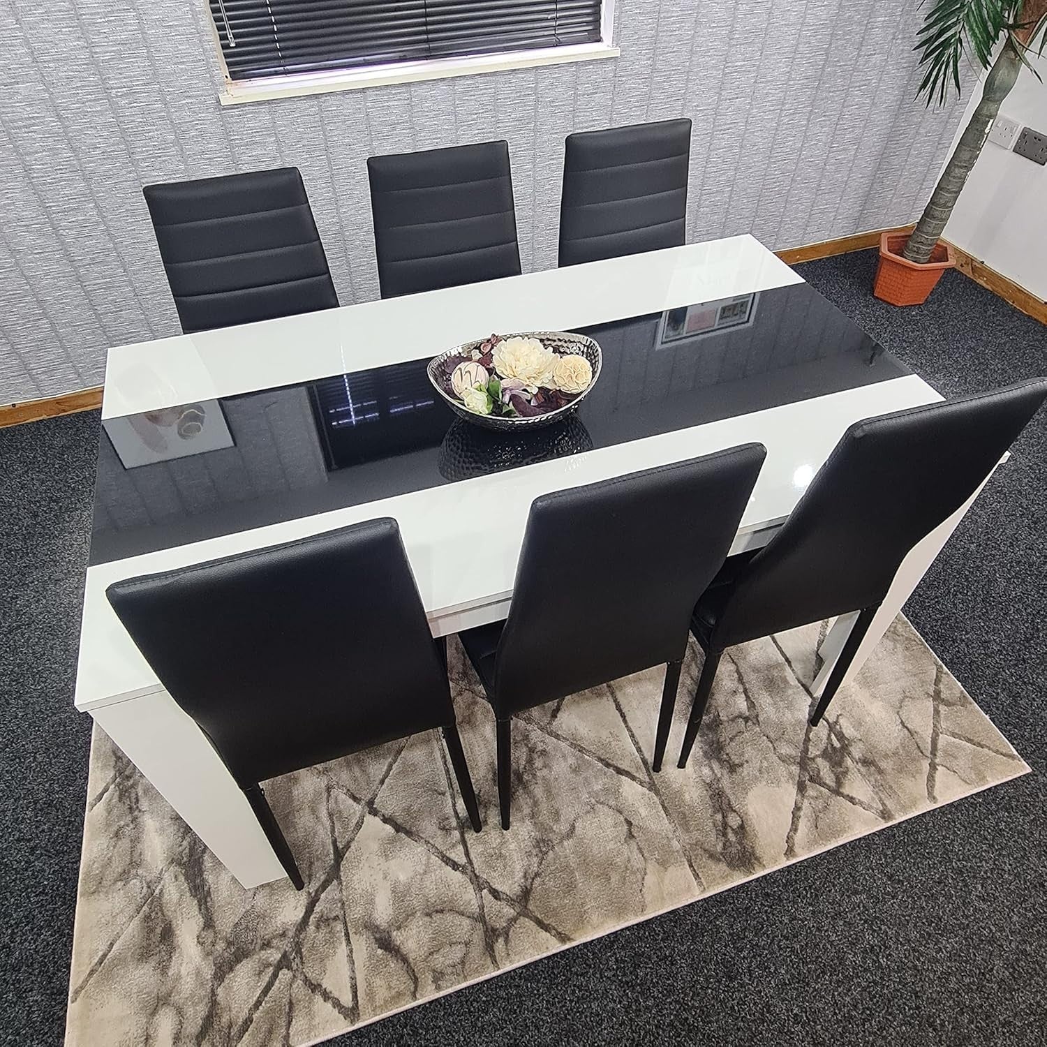 White & Black Dining Table Set with 6 Black Faux Leather Chairs - Modern, Durabl