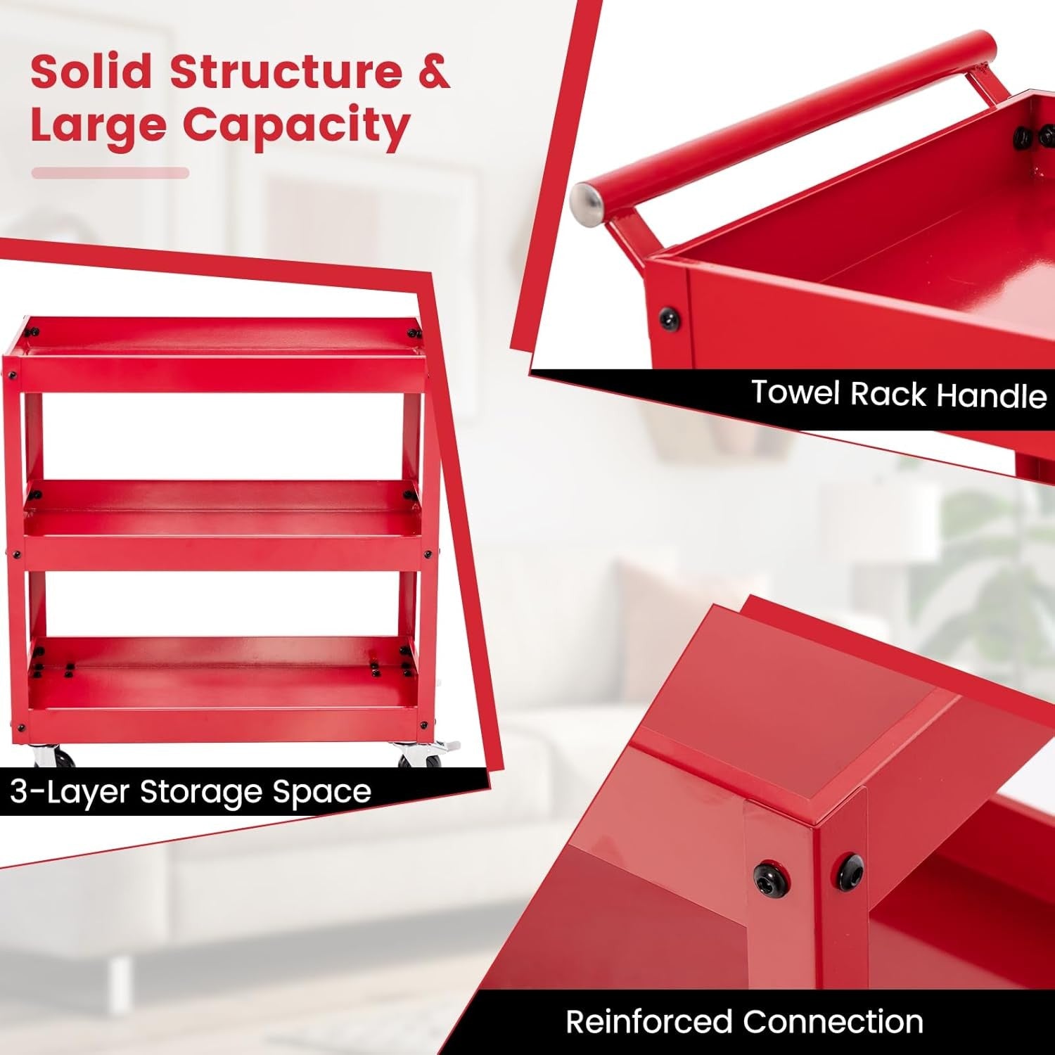 Heavy Duty Tool Trolley 3 Tier Rolling Metal Service Cart with Locking Wheels