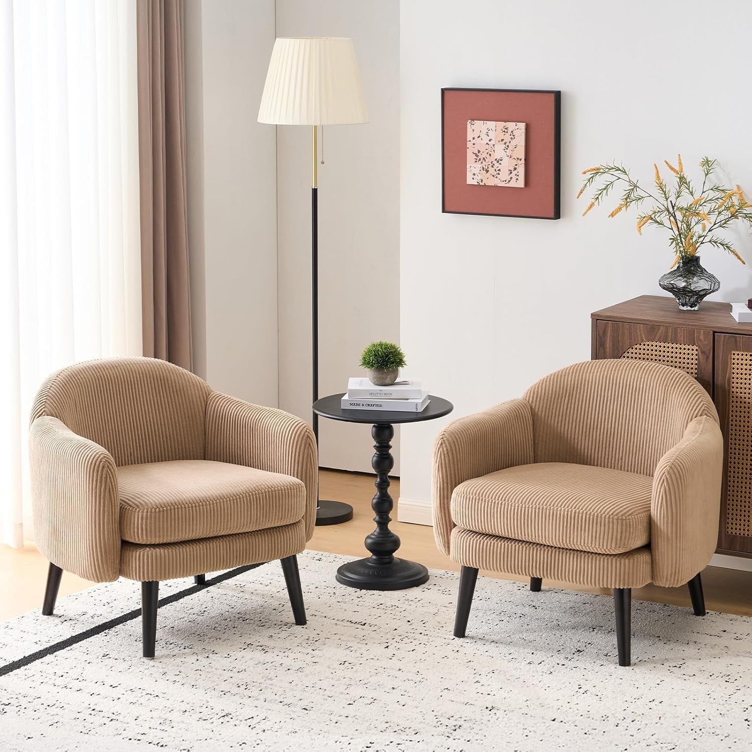 Modern Corduroy Accent Armchair Wide Track Arms Wood Legs Khaki