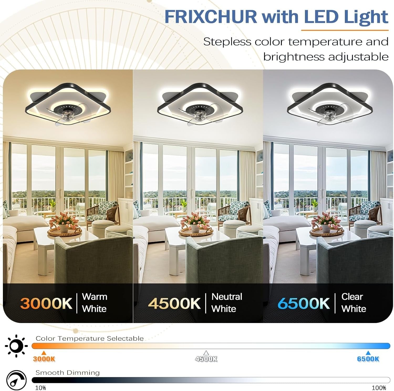 Low Profile Ceiling Fan, Dimmable 3000-6000K, 6 Speeds