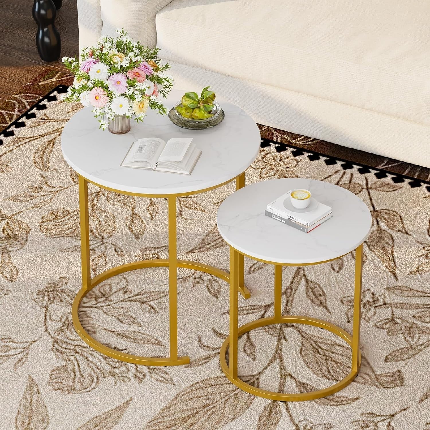 Gold Nesting Coffee Table Set Wood Sled Base Modern Round End Side Storage