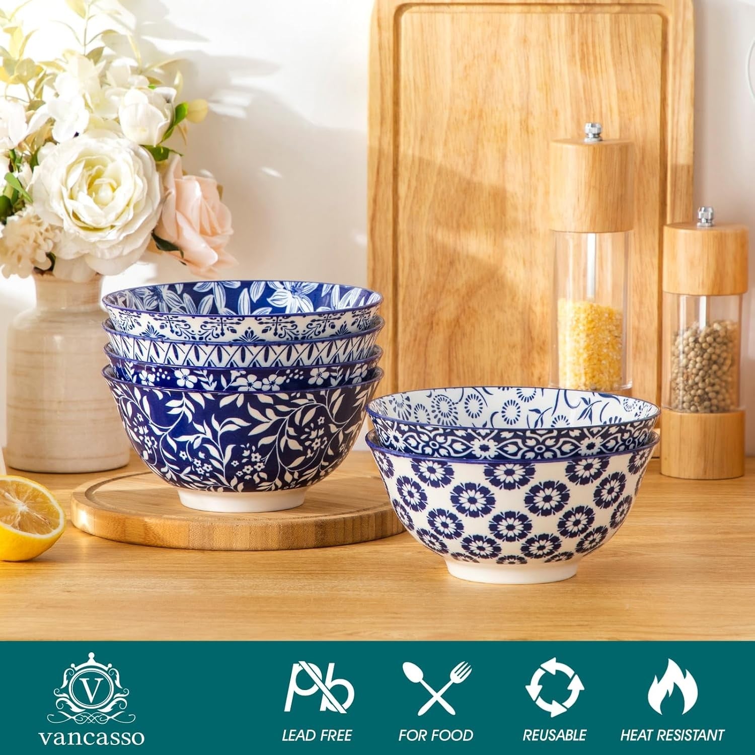 Set of 6 Vintage Blue White Ceramic Bowls 24oz Salad Cereal Pasta