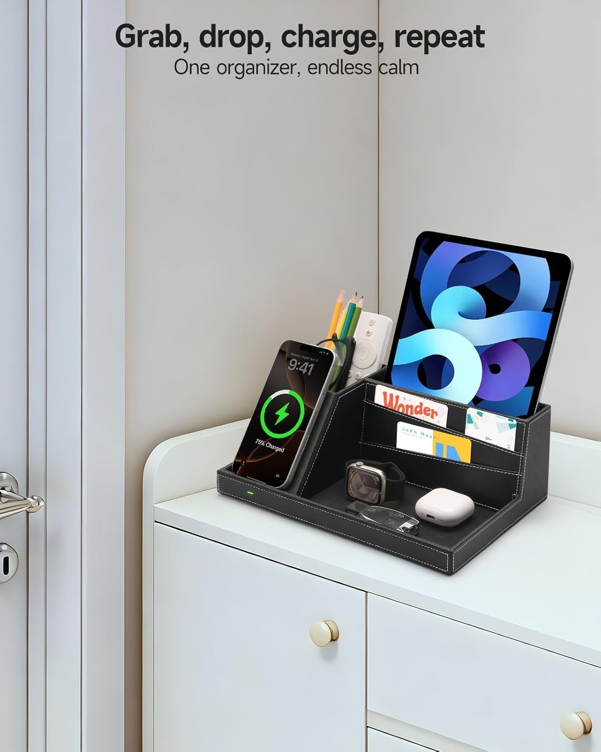 Wireless Charger Desk Organiser Leather Phone Charging Station Valet Tray
