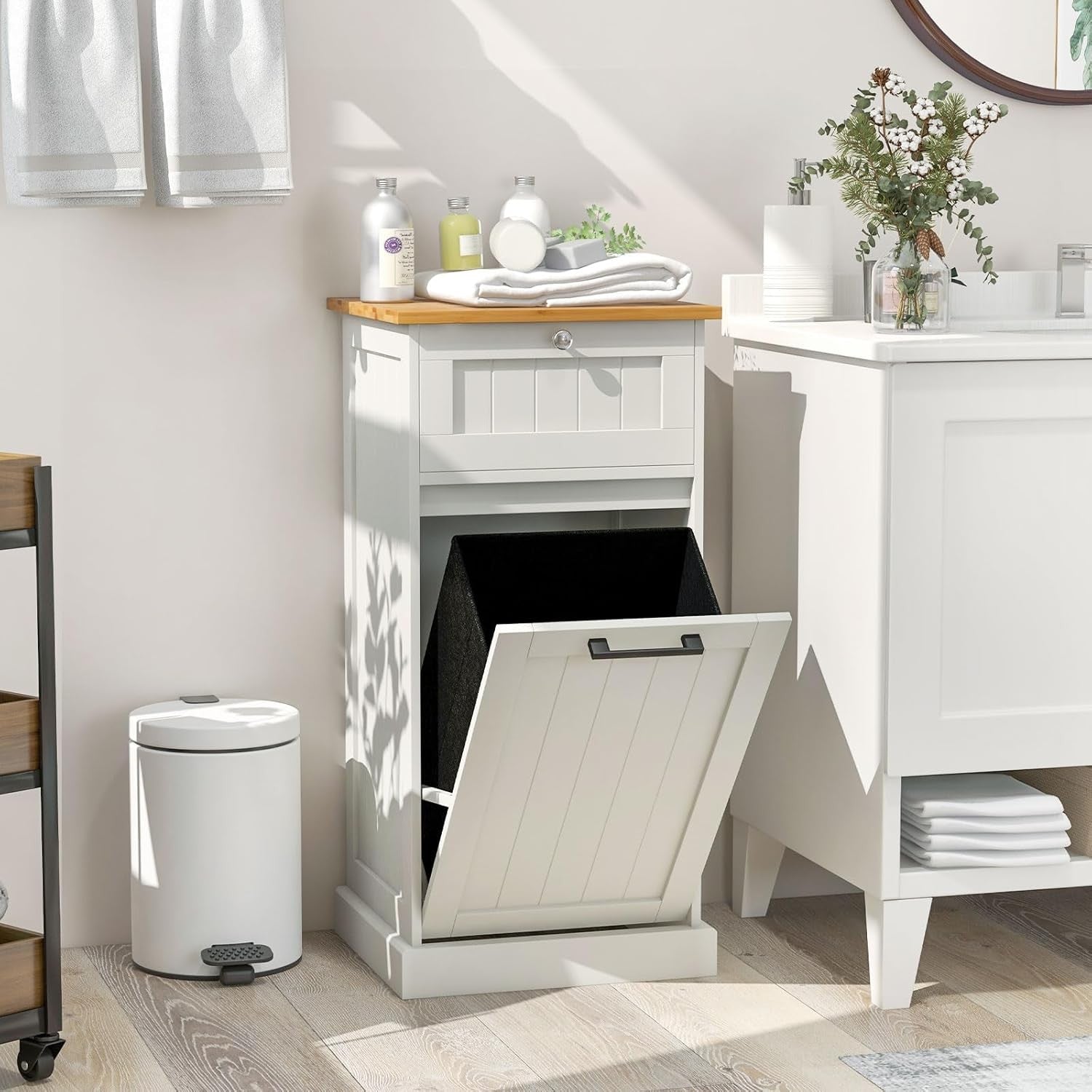 Tilt-Out Laundry Cabinet 30L With Drawer Modern Bathroom Storage White