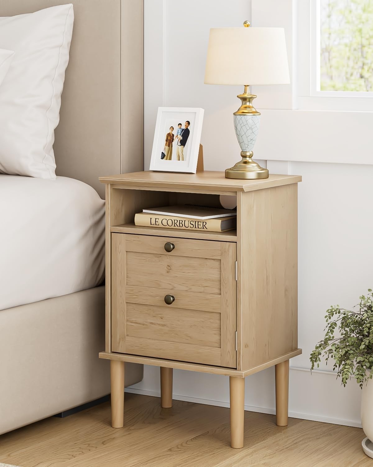 Wooden Bedside Table with Door & Open Shelf | Natural Oak Finish Nightstand
