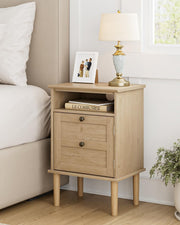 Wooden Bedside Table with Door & Open Shelf | Natural Oak Finish Nightstand