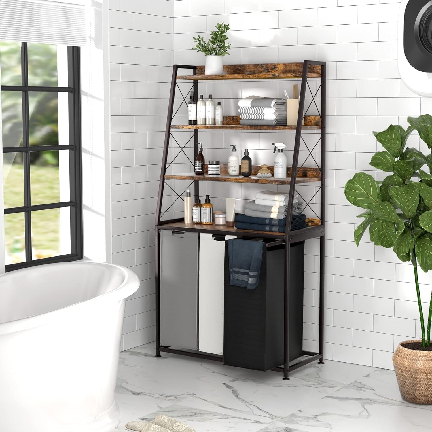 3 Section Laundry Hamper with 4 Tier Shelf Rustic Brown Unit Removable Bags Whee