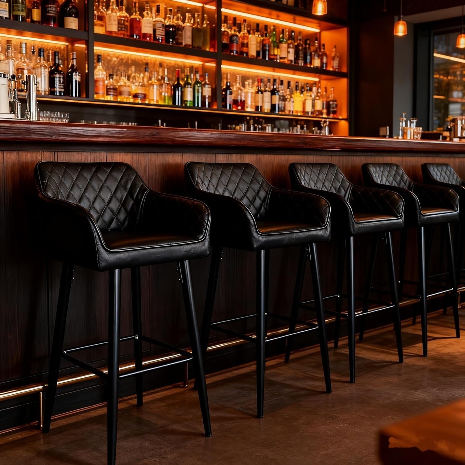PU Leather Bar Stools with Armrest & Footrest – Black L-Shape
