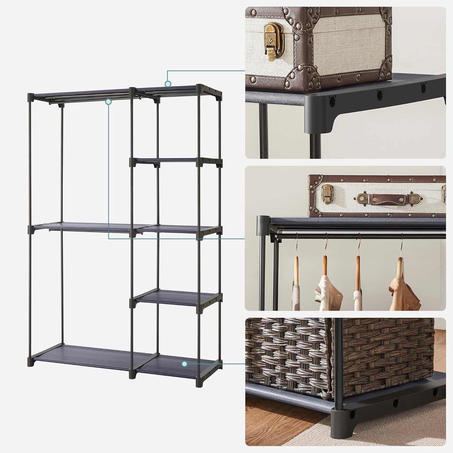 Freestanding Wardrobe with Shelves & Rails – Grey 165cm