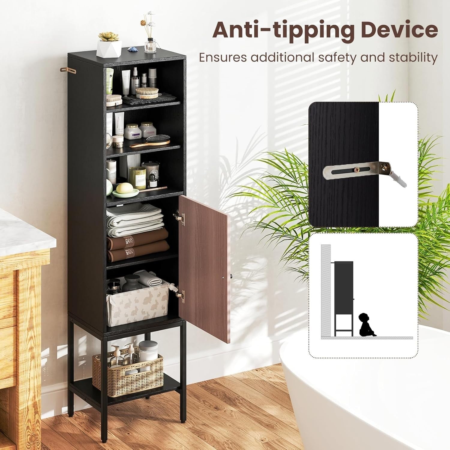 146cm Tall Wooden Storage Cabinet Black Adjustable Shelves Slim Cupboard