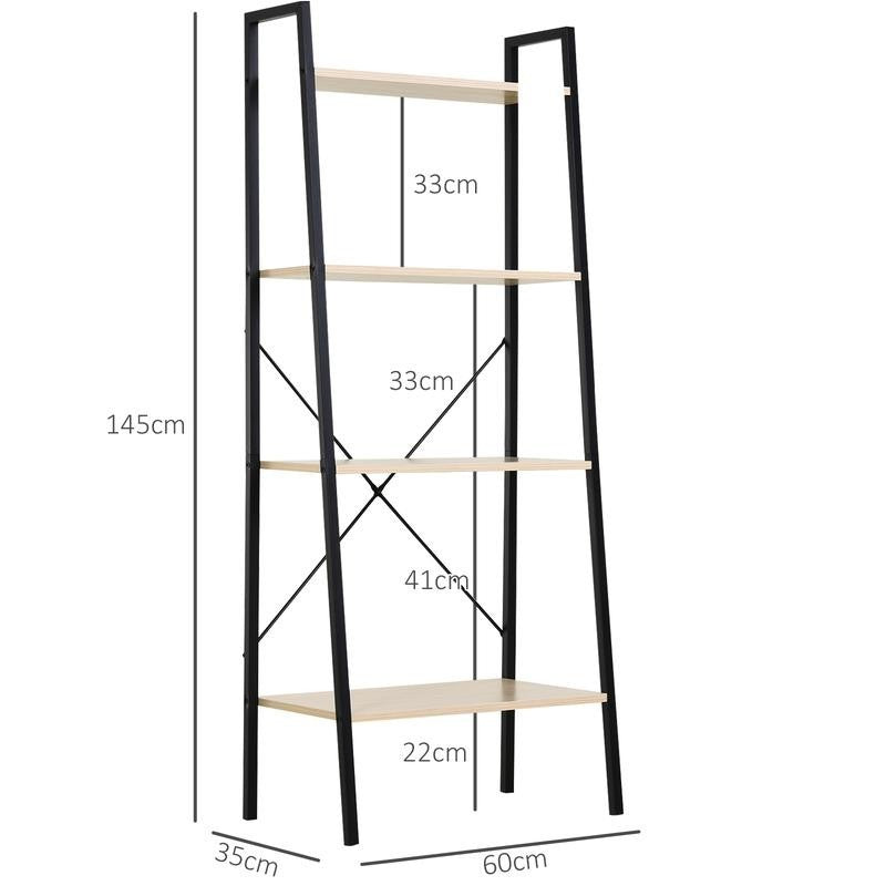 4-Tier Industrial Ladder Shelf – Natural Wood Display Bookcase Unit