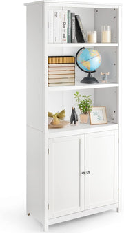 White Wooden Storage Cabinet with 3 Open Shelves & 2 Doors for Home