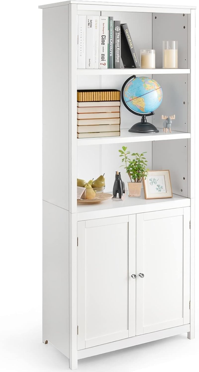White Wooden Storage Cabinet with 3 Open Shelves & 2 Doors for Home