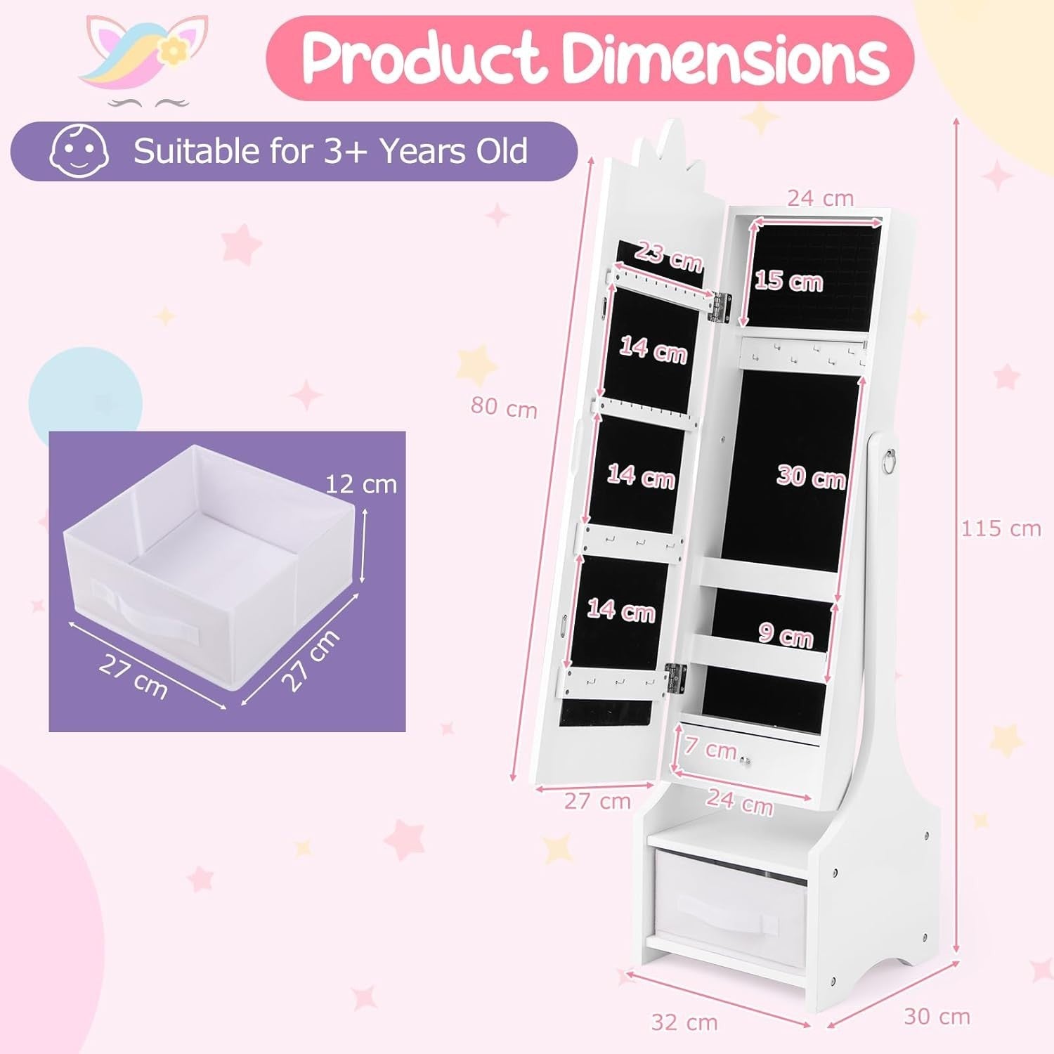 Kids Jewelry Cabinet Mirror Organizer Adjustable Princess Storage Unicorn