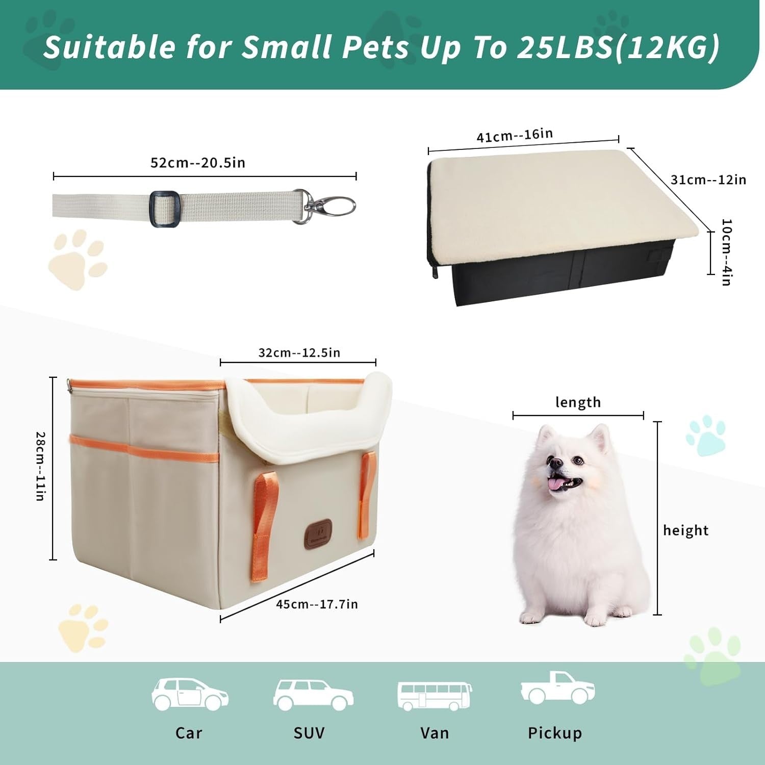 Small Dog Car Seat Booster Bed Waterproof Travel Carrier 25lb Khaki
