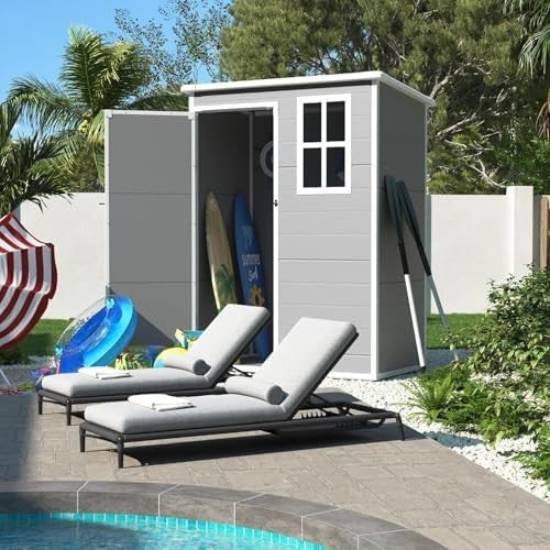 Amopatio 5x3ft Resin Garden Storage Shed Lockable Tool Bike Patio Grey & White
