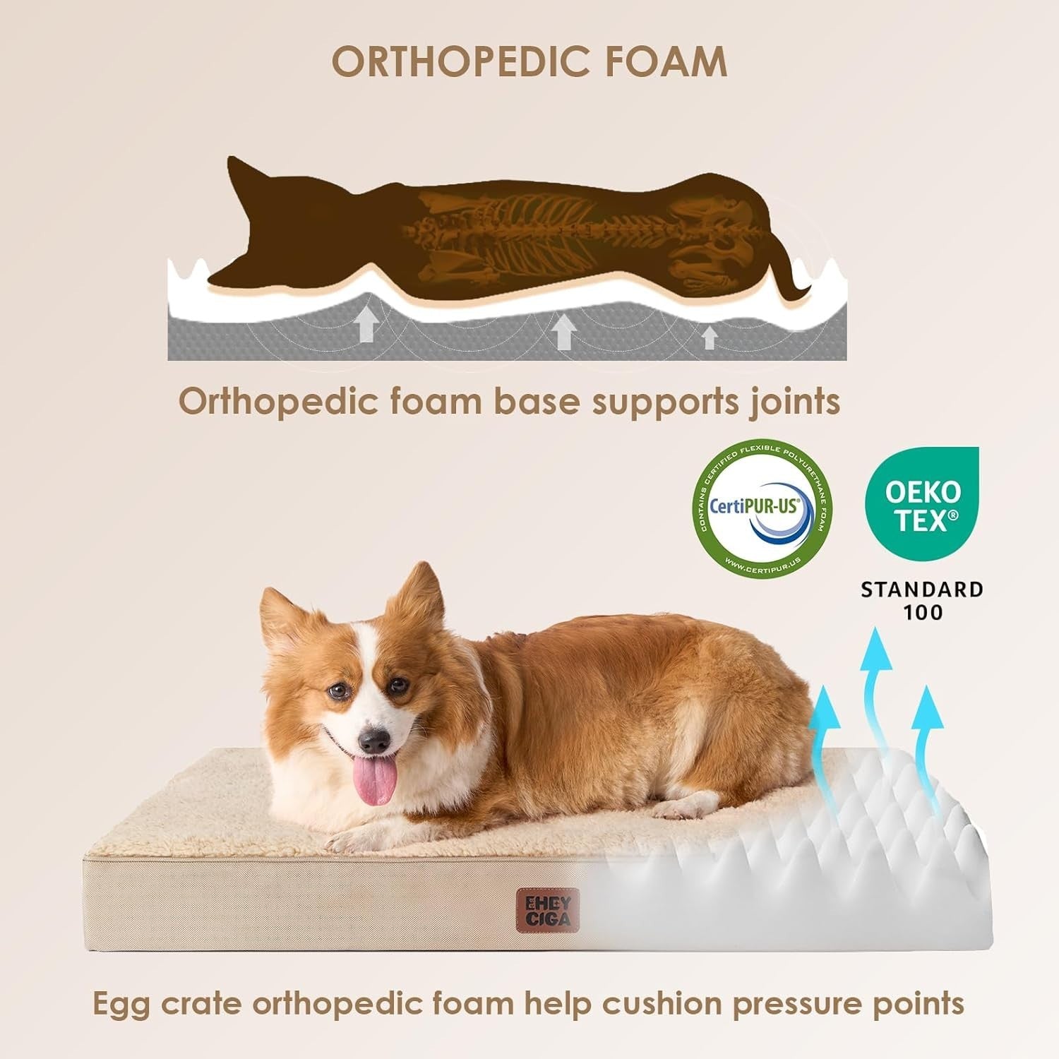 Orthopedic XL Dog Bed 119x73x9cm Washable Cover Non Slip Khaki