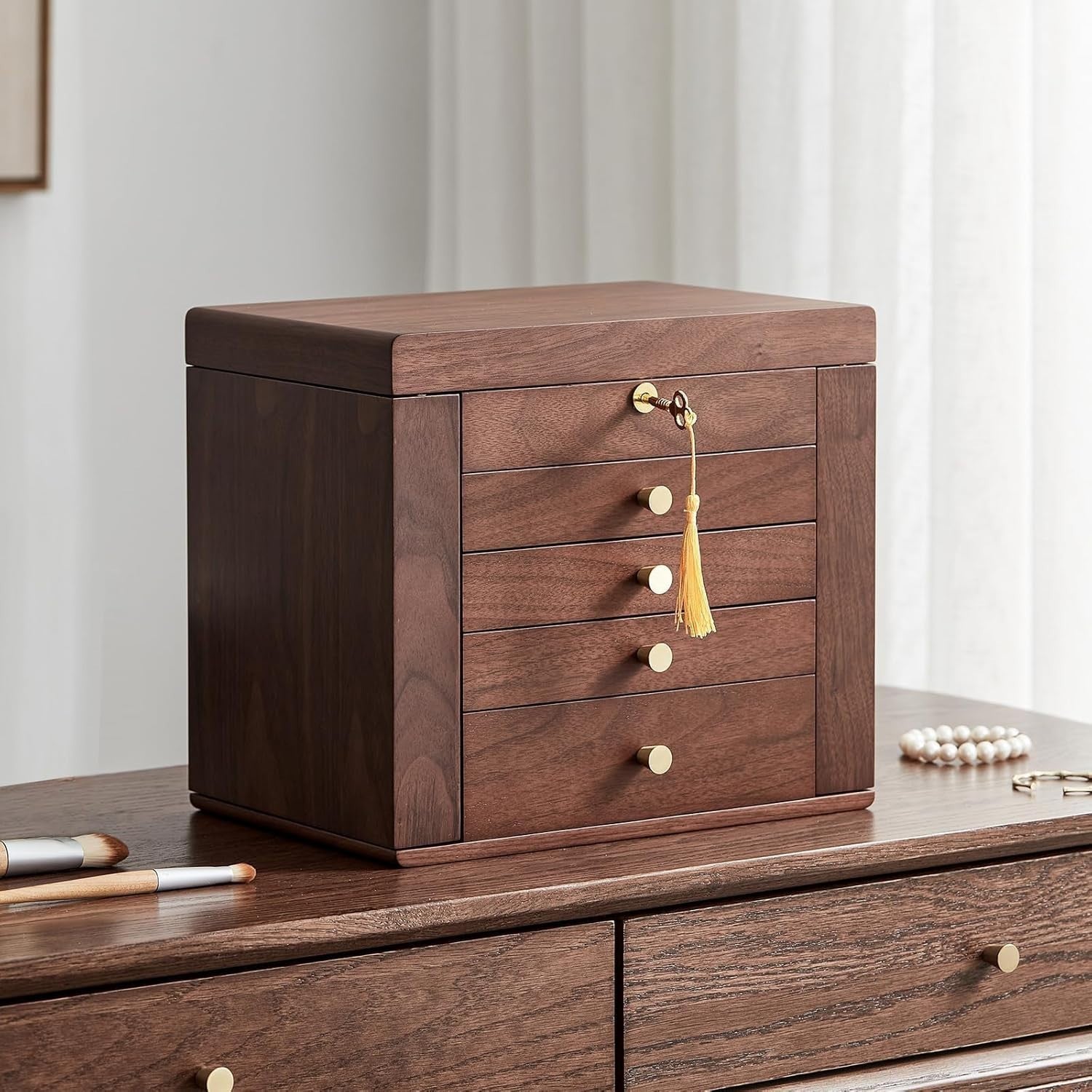 Walnut Wooden Jewelry Box Lockable Mirror 5 Layer Luxury Storage Case