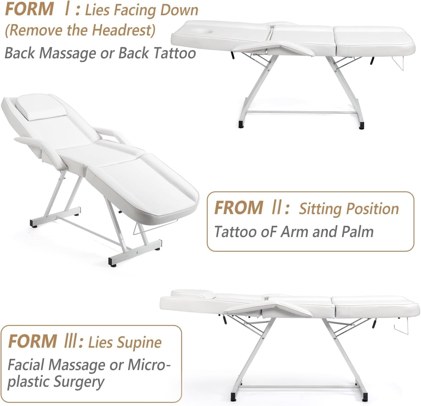 Adjustable 3-Section Massage Table with Stool Spa Facial Tattoo Beauty Bed White