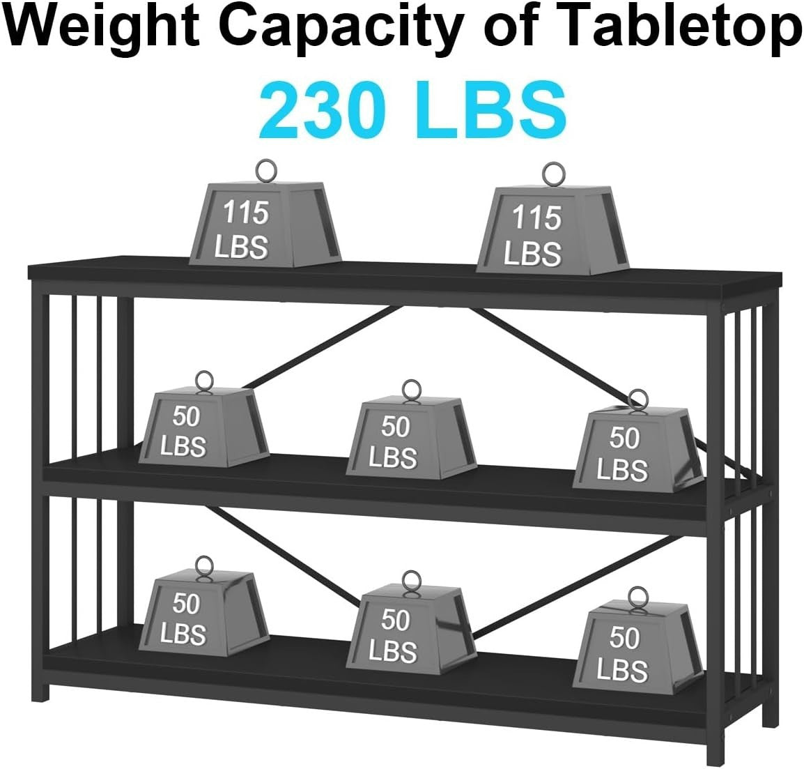 Modern Industrial 3-Tier Sofa Table with Storage Shelves, 120x34x74cm