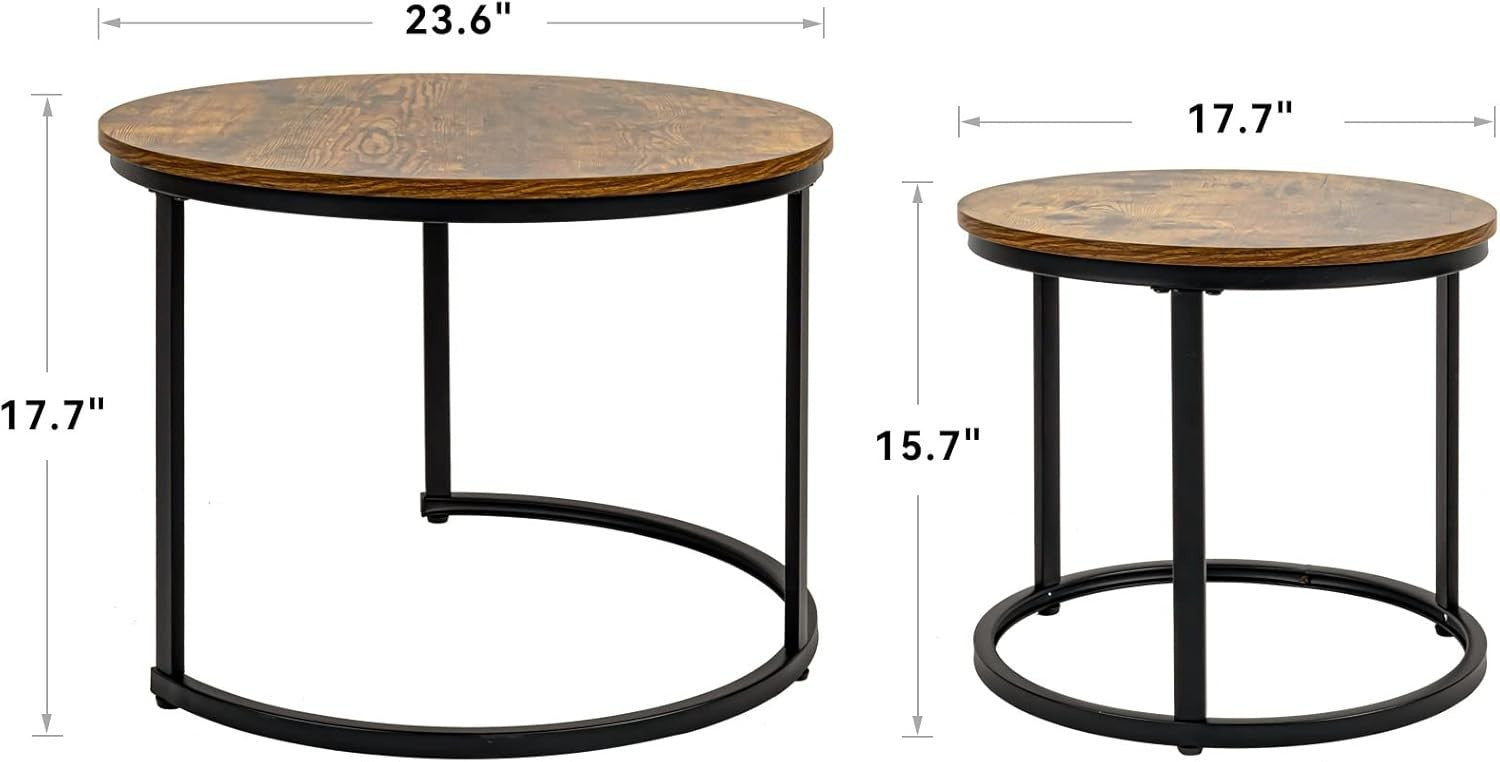 Nesting Coffee Table Set 2 Round Wood Metal Side Tables Living Room Brown