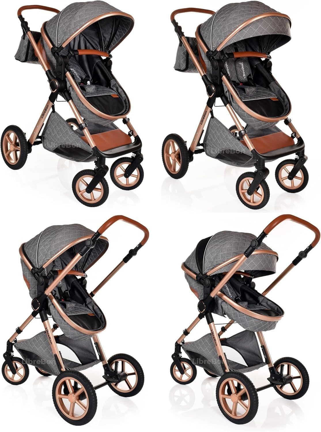 Luxury 3in1 Baby Pram Pushchair Car Seat Foldable Rose Gold Grey