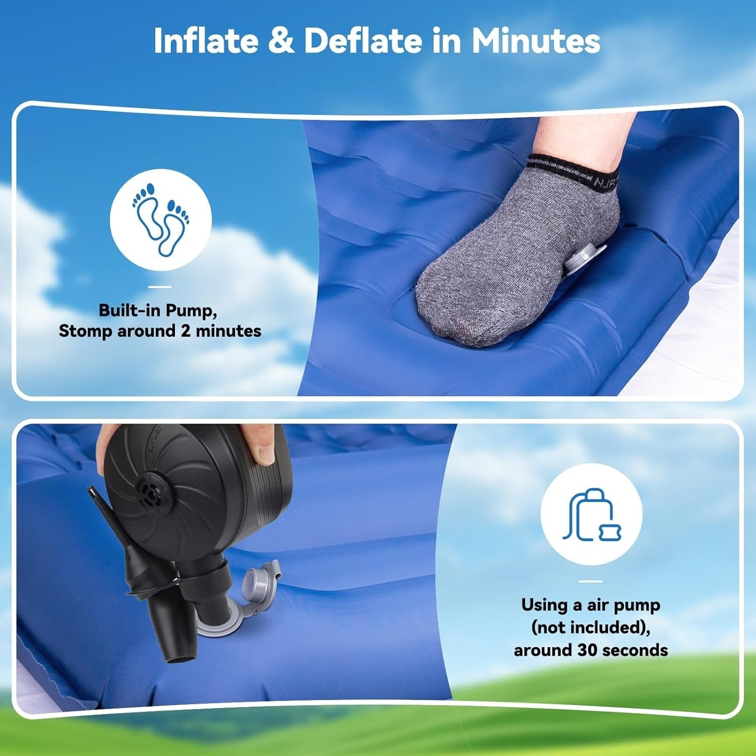 Double Self-Inflating Camping Mat with Built-In Pump, 197x135x15cm