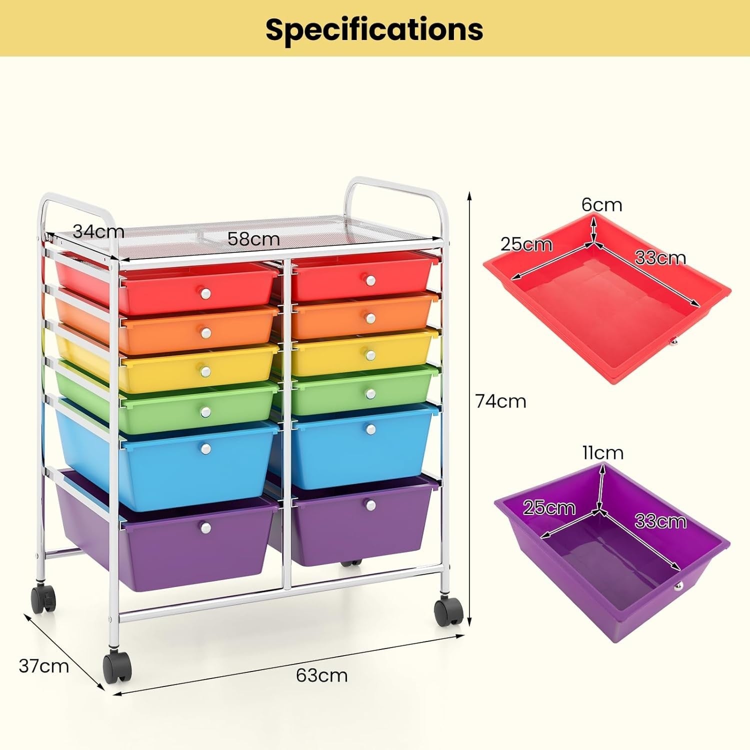 12 Drawer Rainbow Storage Cart Rolling12 Drawer Ra Organizer Trolley with Wheels