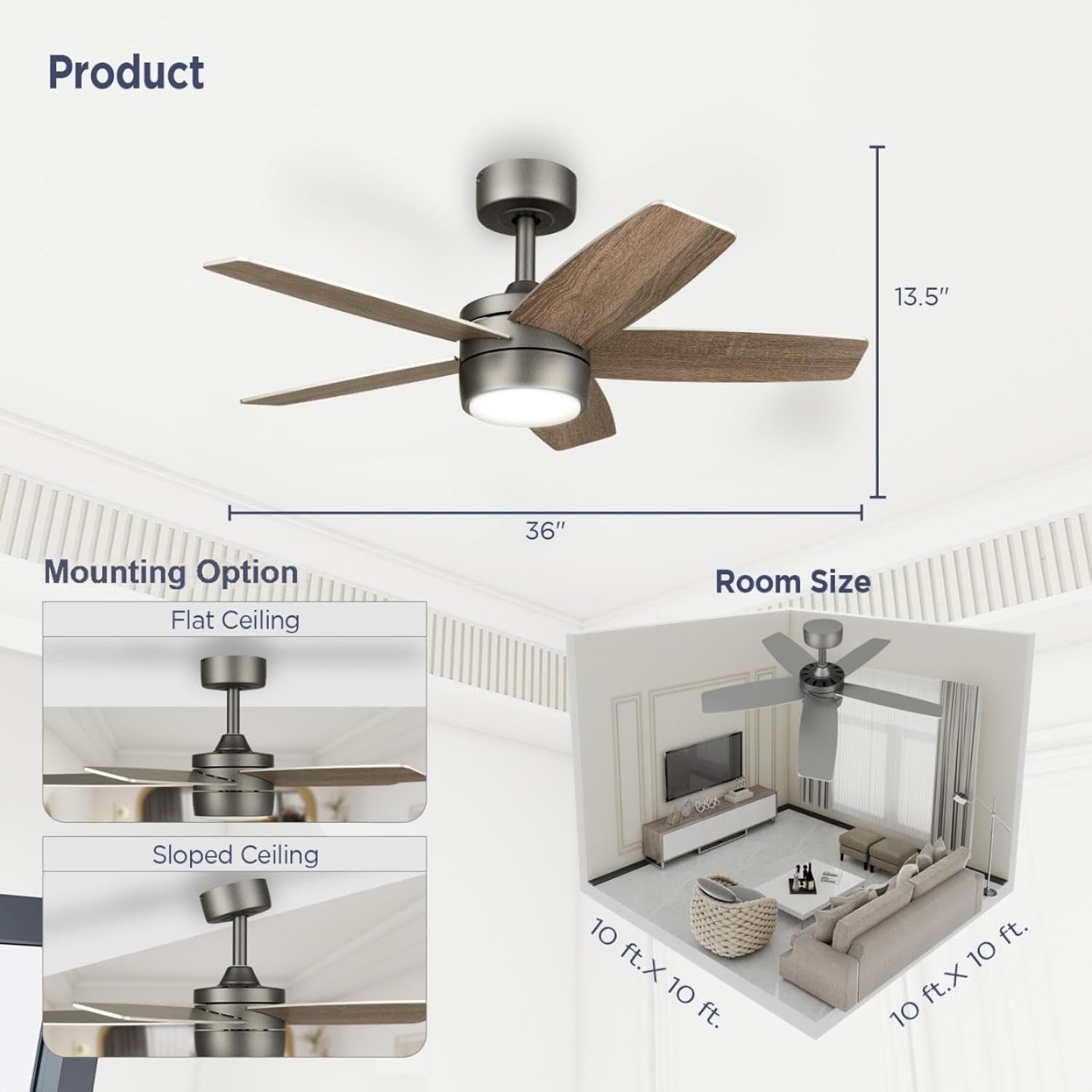 Vagizm 36" Ceiling Fan with Light, 6-Speed Quiet DC Motor, Bronze