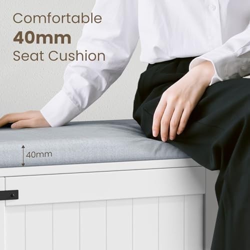 White Shoe Storage Bench with Cushion Seat 2-Door Cabinet Adjustable Shelves