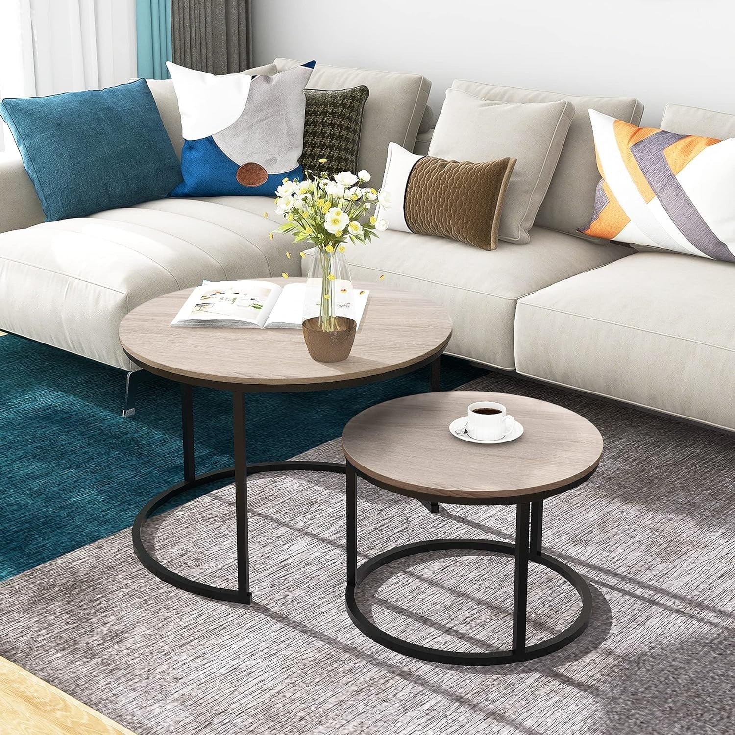 Nesting Coffee Table Set Wood Round Storage Side End Tables for Living Room
