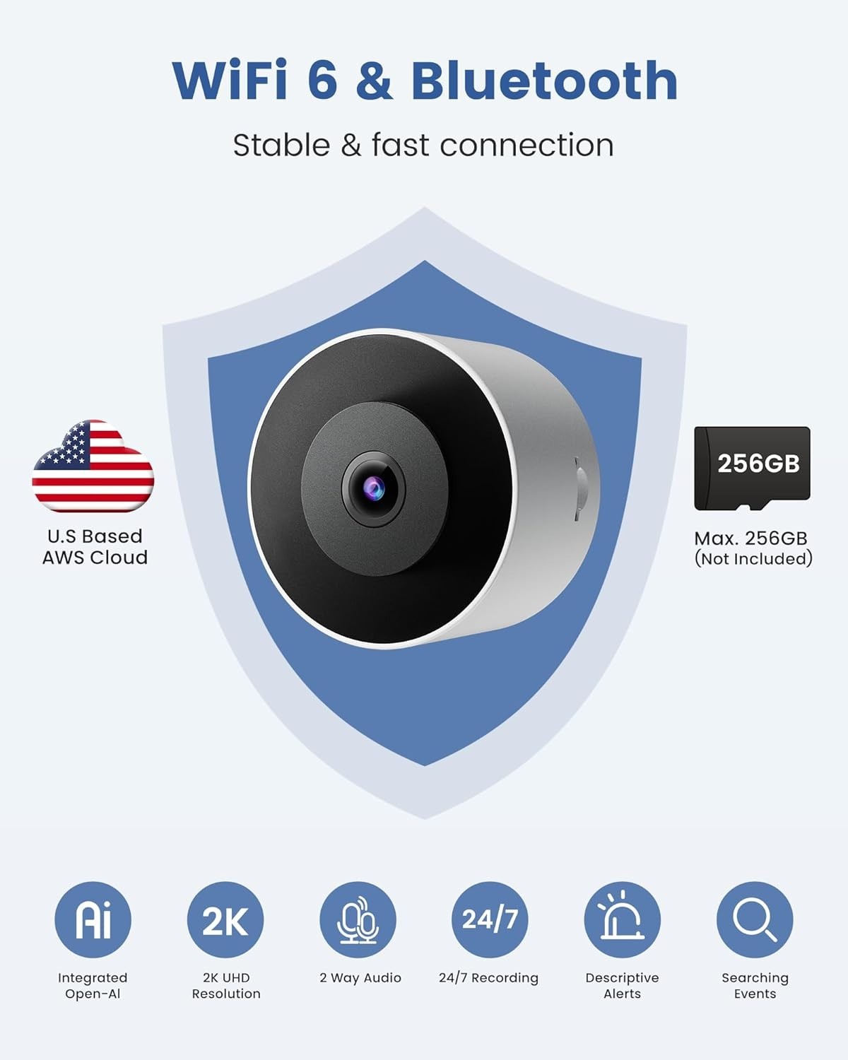 Glass Window Security Camera 2K AI Detection Dual Band WiFi CCTV