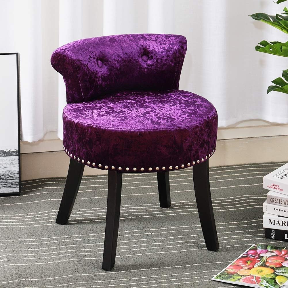 Dark Purple Ice Velvet Dressing Table Stool Low Back Wood Legs Footstool