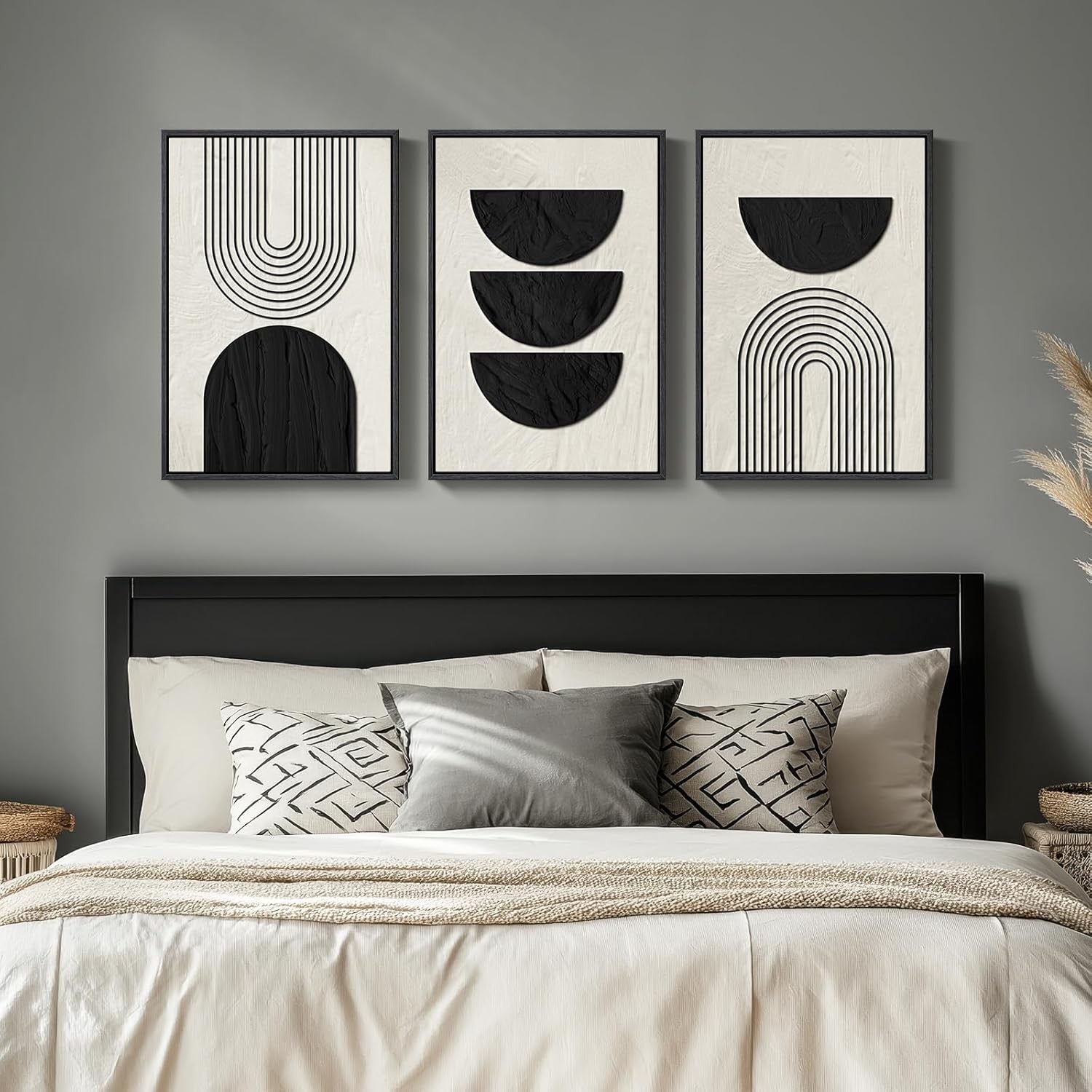 Boho Black White Abstract Canvas Wall Art 3 Panels 16x24" Decor