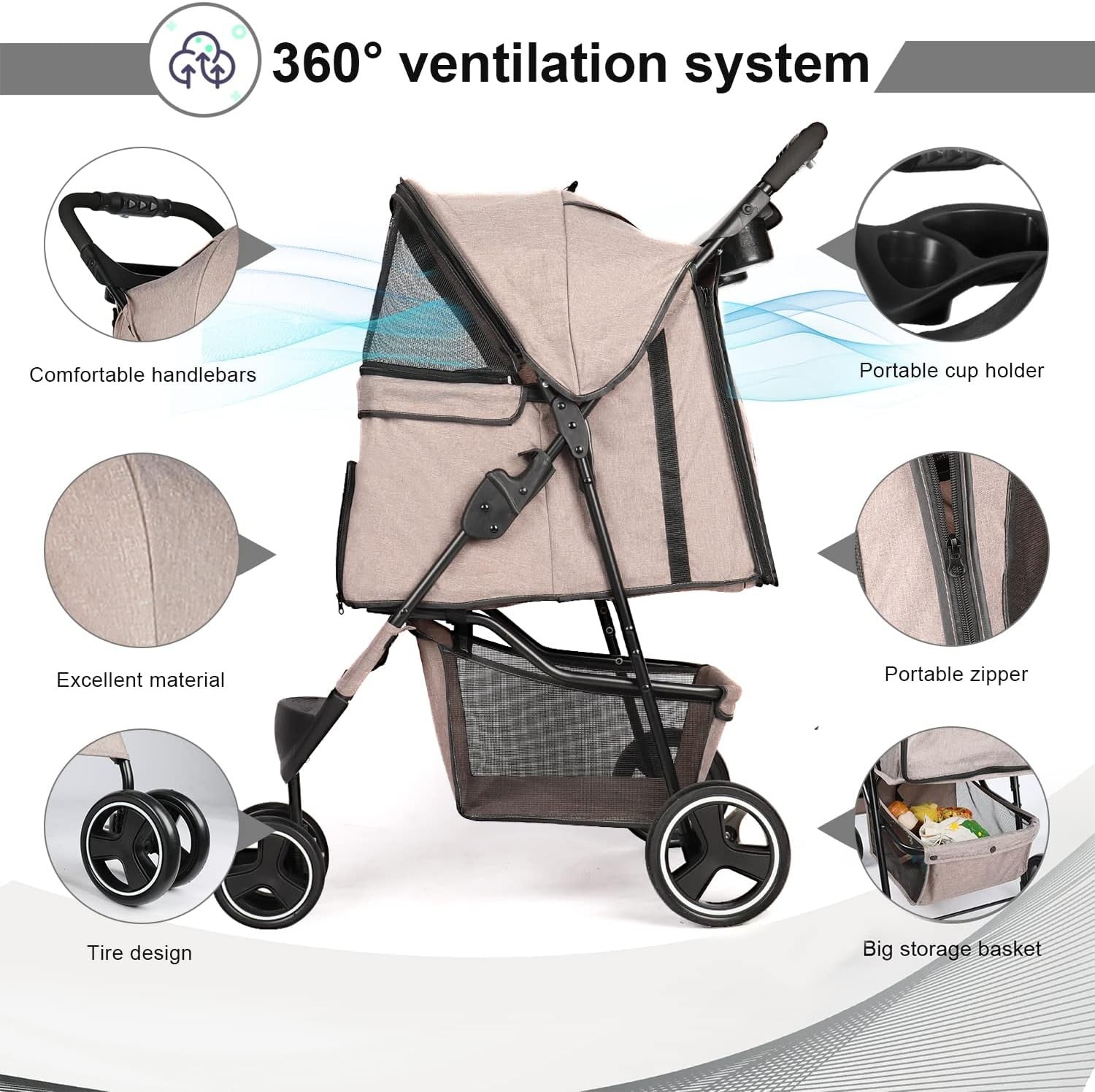 Pet Stroller for Small Medium Dogs 15kg Ultra Lightweight Foldable Pram
