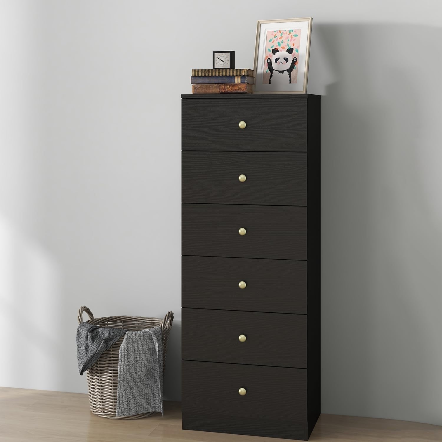 Tall Black 6 Drawer Chest | Slim Storage Cabinet with Gold Handles