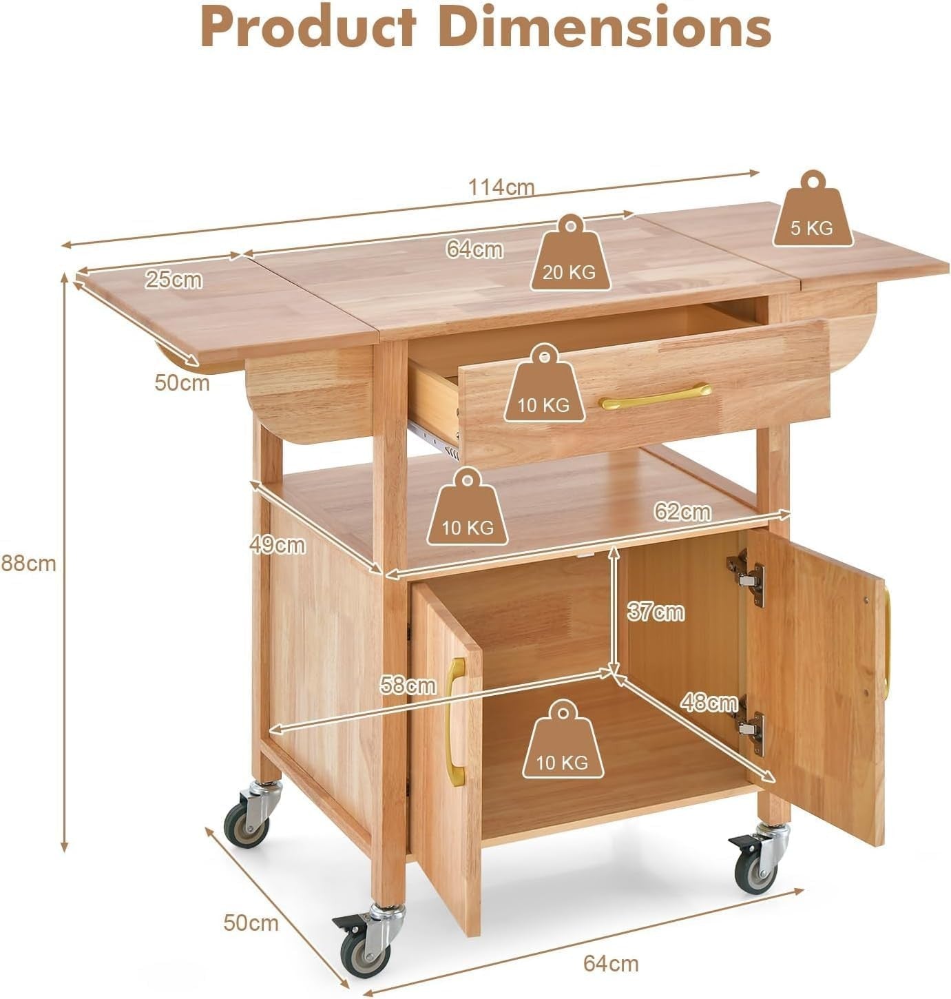 Kitchen Island on Wheels Rolling Trolley Cart Drawer Cabinet Drop Leaf Top