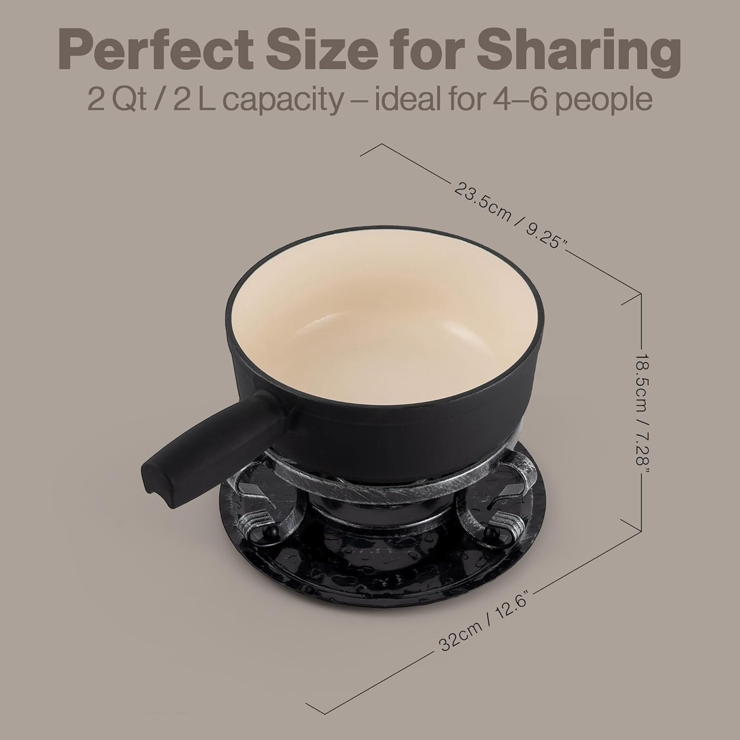 Cast Iron Fondue Set 9 Piece Matte Black Cheese Chocolate Pot 2L