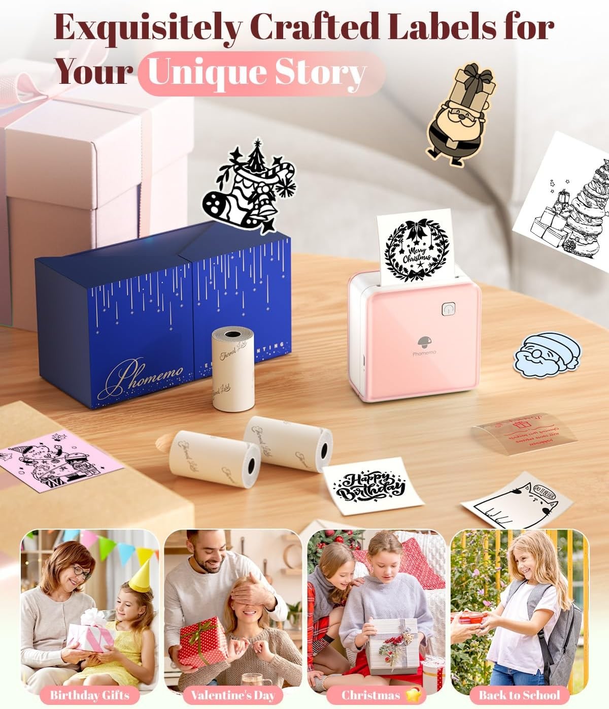 Mini Bluetooth Photo Sticker Printer 300DPI Pink