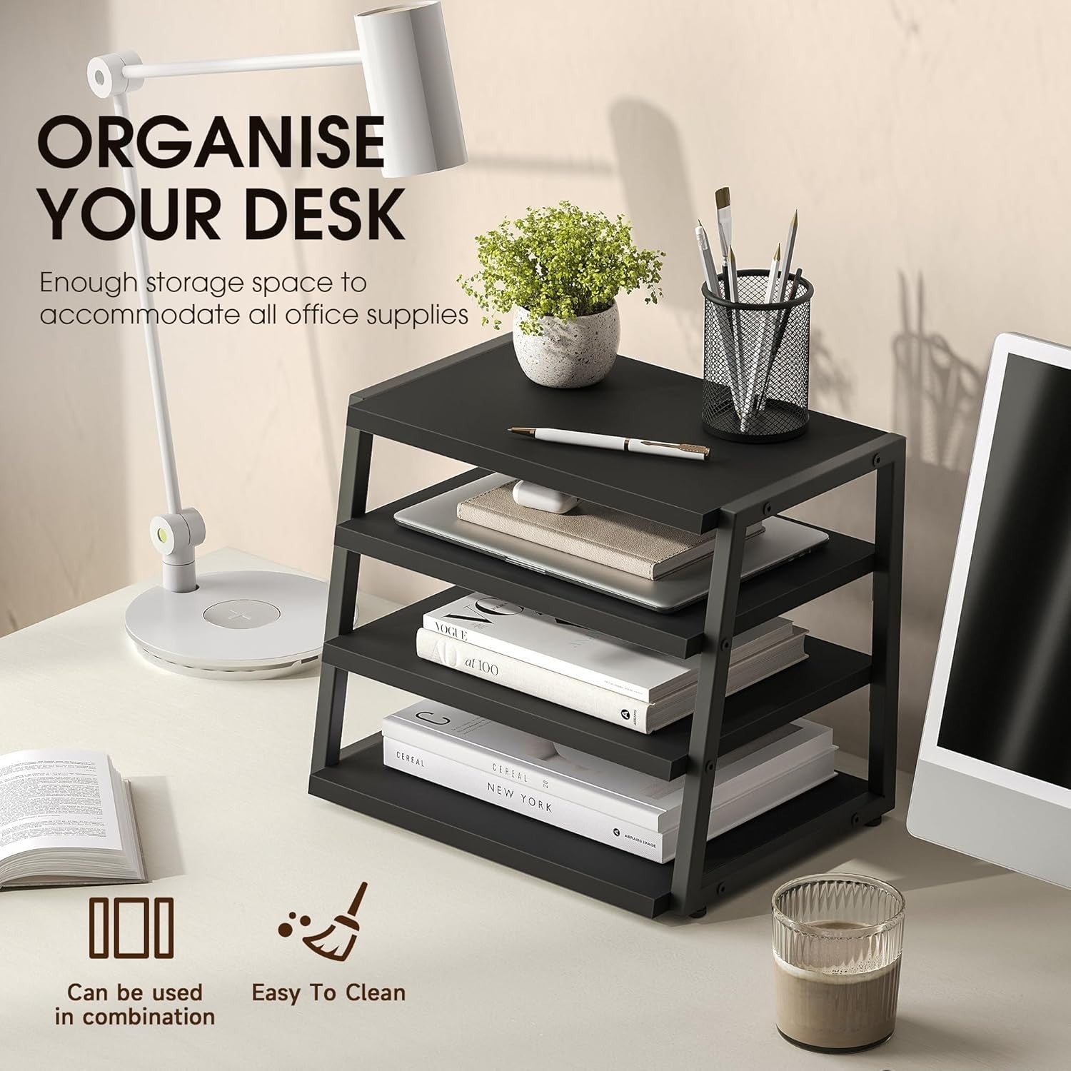 4 Tier Desk File Organizer A4 Paper Tray Wood Metal Office Shelf Black