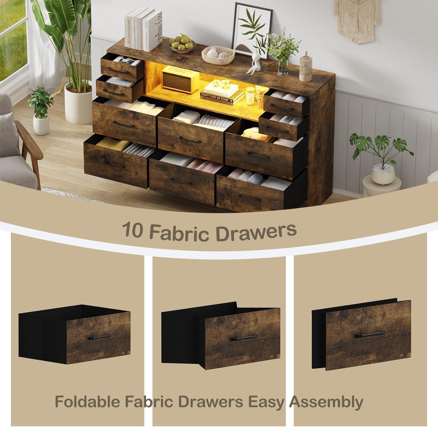 Rustic 10 Drawer LED Storage Cabinet with Wood Top for Bedroom 120x72cm
