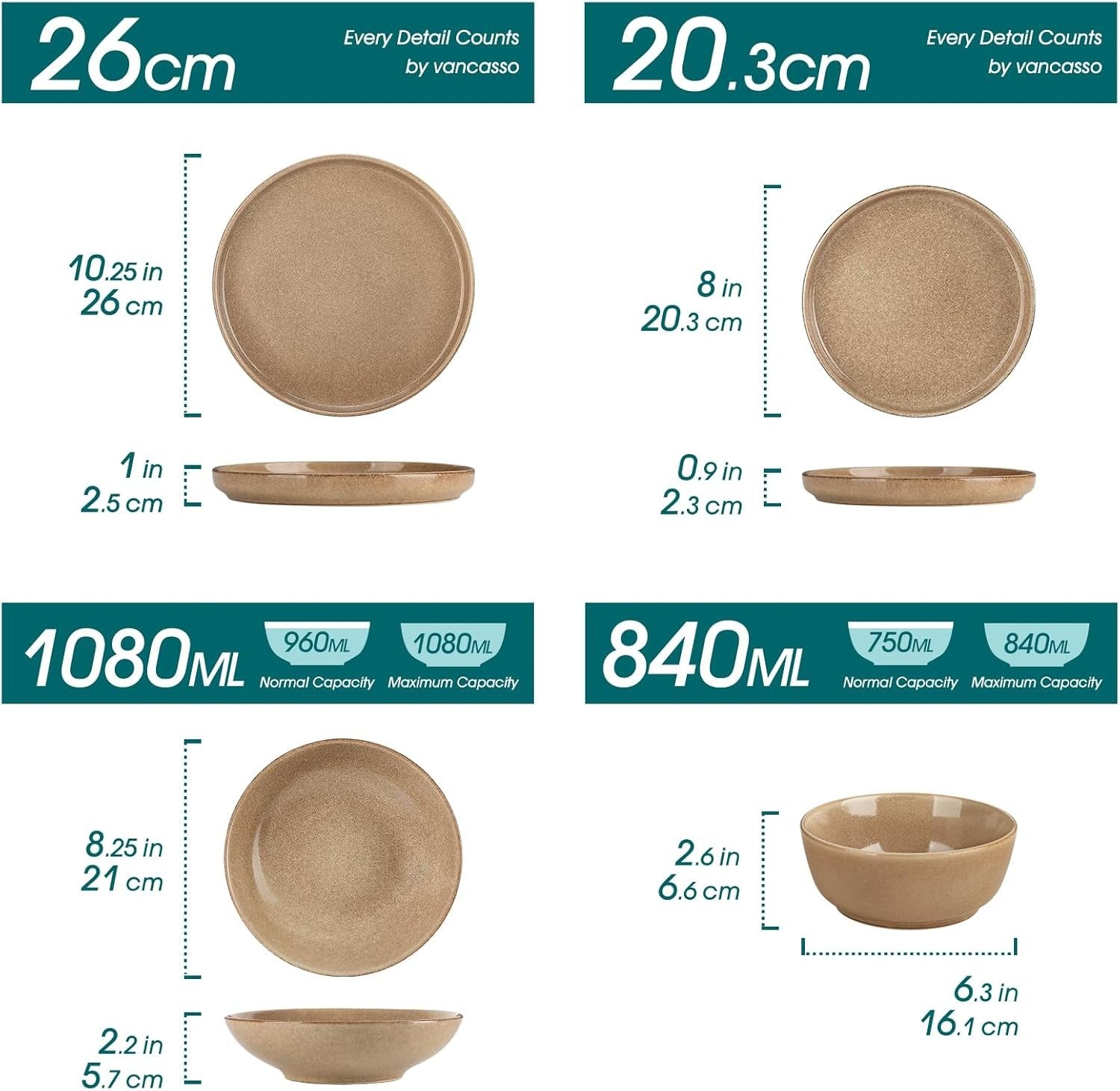 24pc Ceramic Dinner Set Caramel Plates Bowls Microwave Dishwasher Safe