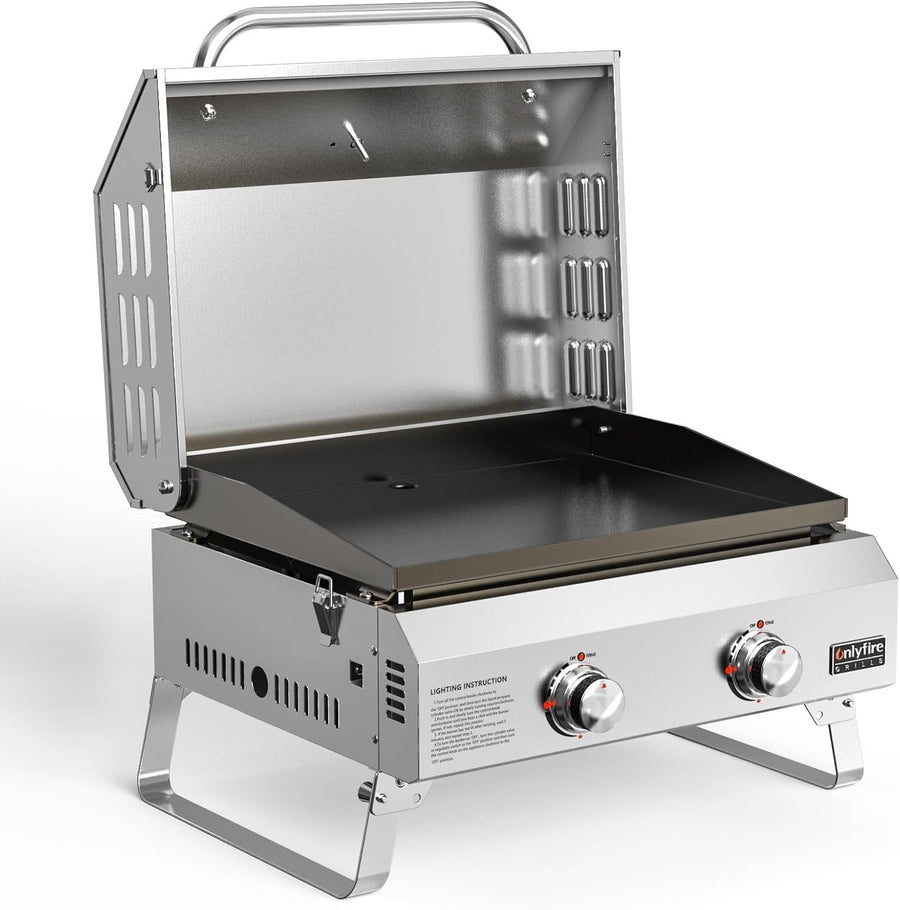 Portable 2 Burner Gas BBQ Plancha Grill with Lid & Thermometer | Tabletop